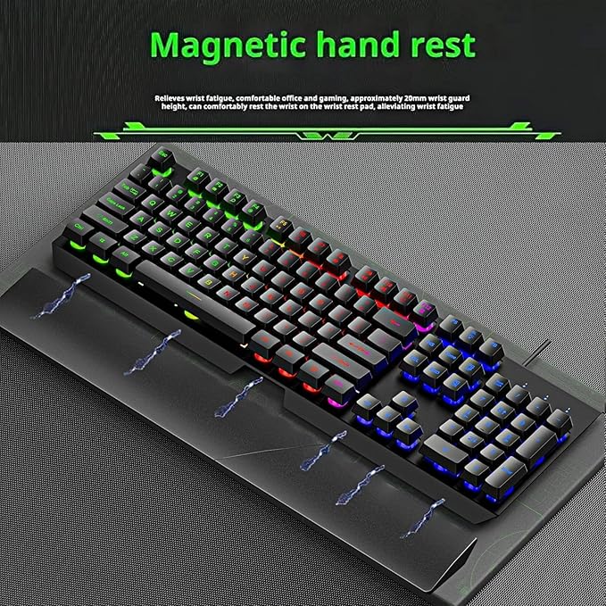 Wired Rainbow LED Gaming Keyboard104 Keys Light Up Mechanical Feeling Computer Keyboard With Palm Rest for Windows LaptopPC Gamers Office DeviceTravel Easy to Carry on Business TripWoking(Black)