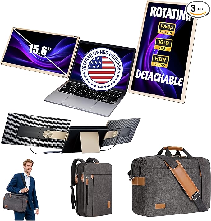 ELK 15.6 Dual Laptop Screen Extender - Laptop Bag &amp Cleaning Kit Included - FHD 1080P IPS - Detachable &amp Adjustable Monitor Extender - with Speakers - Compatible with Mac/Android/Win