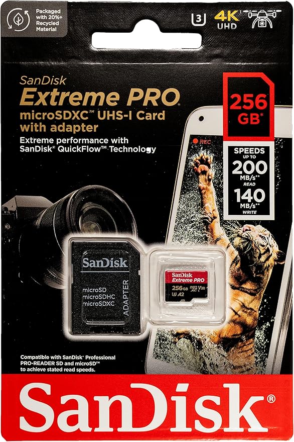 SanDisk 256GB Extreme Pro MicroSDXC Card Compatible with DJI Avata 2 Mini 4K Drones (SDSQXCD-256G-GN6MA) with Read Speed up to 200 MB/s Bundle with 1 Everything But Stromboli MicroSD Card Reader
