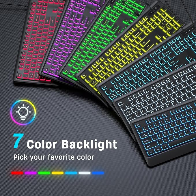 Backlit Computer Keyboards Wired USB LED Keyboard with 7 Colors Backlight Plug and Play Waterproof Full Size Quiet Computer Keyboard for Windows Desktop PC Laptop Gaming