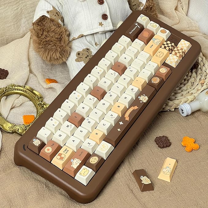 Brown White PBT Keycaps Cute Custom Keyboard Keycaps 60 75 100% Dye Sublimation Kawaii Anime Keycap 145 Keys Set for Cherry Gateron MX Switches