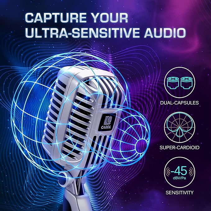 CAROL CLM-101 Professional Vintage Wired Microphone – Dynamic Supercardioid with Dual Microphone-Capsules for Singing Karaoke and Stage Includes Mic Storage Bag &amp Switch(Cable Not Included) -B