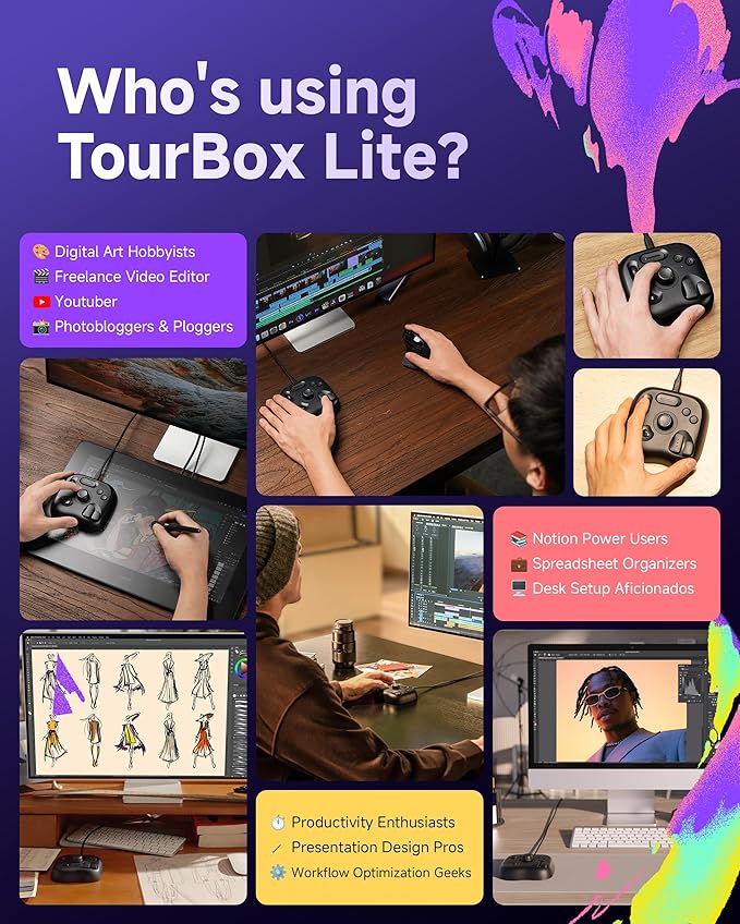 TourBox Lite Bluetooth Oasis Series - Compact Editing Keyboard Macro Controller with Custom Software for Digital Artist Photographer Editor and Content Creator Color Your Efficiency(Sunny Yellow)