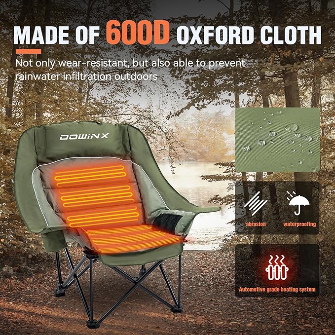 Dowinx Heated Camping Chair for Adults - Oversized Extra Large Folding Chair with Adjustable Padded Seat Cup Holder 400 lbs Capacity Green