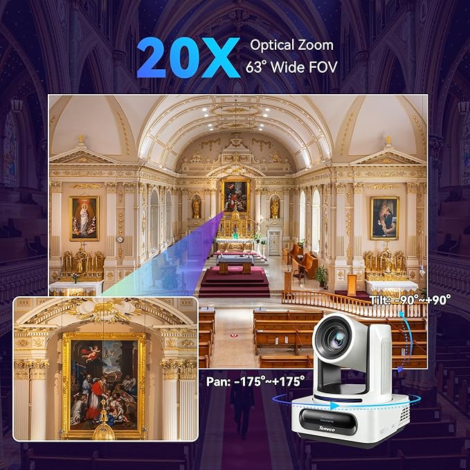 Tenveo 4K NDI PTZ Camera AI Humanoid &amp Face Auto-Tracking 20X Zoom 3G-SDI/HDMI/USB3.0/LAN(PoE) Live Streaming with Tally Light &amp IP Display for Live Streaming Video Production Church Events