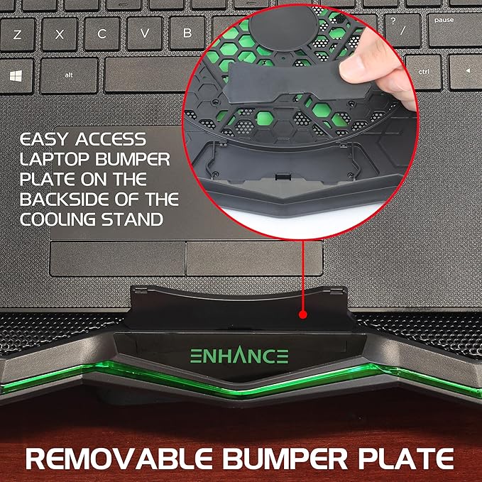 ENHANCE Cryogen 5 Gaming Laptop Cooling Pad Stand - Laptop Cooler with 7 Adjustable Height Settings &amp Dual USB Ports up to 17 inches - 1 Ultra Quiet High Performance LED Fan 800 RPM - Green