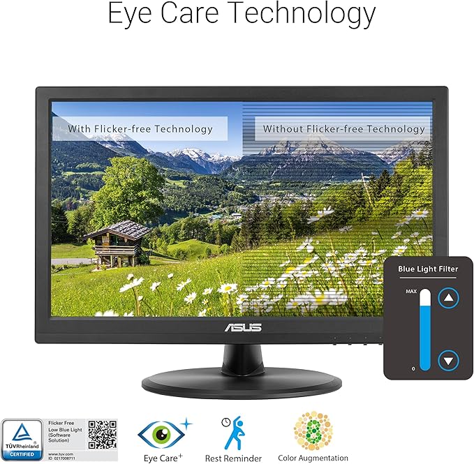 ASUS 15.6” 1080P Touch Monitor (VT169HE) - Full HD 10-Point Touchscreen IPS Wide Viewing Angle Frameless Eye Care Flicker Free Low Blue Light HDMI Windows 11 Compliance VESA Mountable