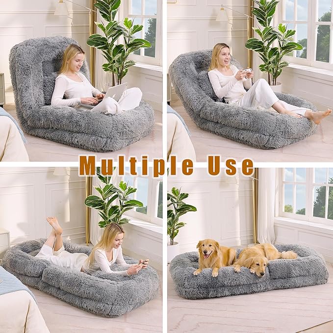 Floor Chair with Back Support Human Dog Bed with 5 Adjustable Position Convertible Lazy Floor Lounger Comfy Gaming Chair Plush Folding Sofa Bed for Adult Living Room Bedroom Light Gray
