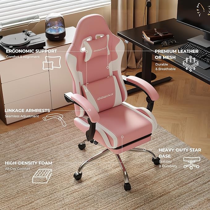 Ergonomic Gaming Chair with Footrest Heavy Duty 330lbs Office Chair Massage Lumbar Support Adjustable Height &amp Headrest Pillow Comfortable for Back Pain Relief Streaming Long Gaming Rose
