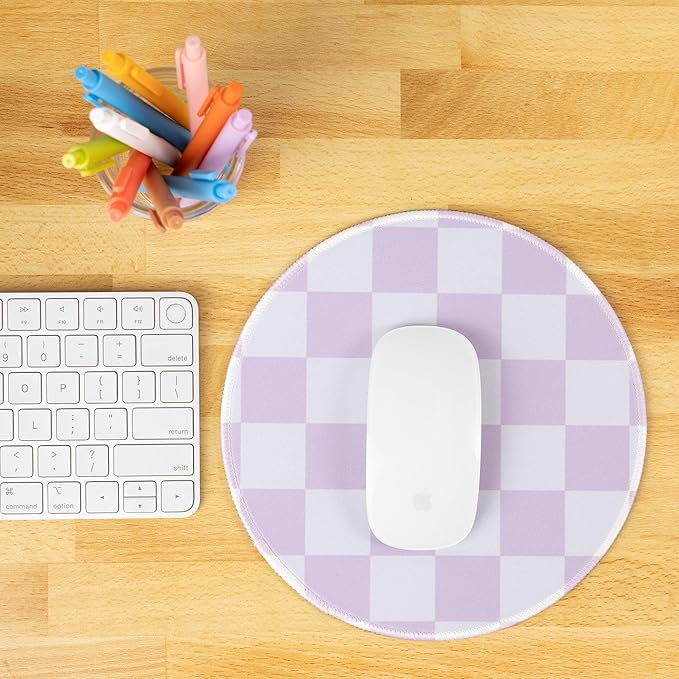 Elyse Breanne Design 8.5 Inch Round Mouse Pad for Computer Desktop Protector Non-Slip Rubber Backing Purple Checker