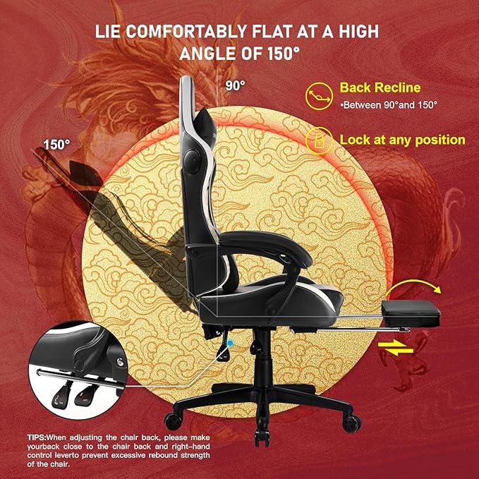 GTPLAYER Gaming Chair with Bluetooth Speakers and Footrest Dragon Series Video Game Chair Heavy Duty Ergonomic Esports Computer Office Chair (Blackwhite)