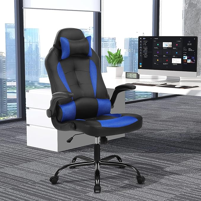 Gaming Chair PU Leather Computer Chair with Flip-up Armrest and Lumbar Support Ergonomic High Back Home Office Chair Comfy Video Game Chair for Home Bedroom Blue