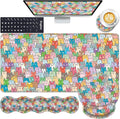 Mouse PadLarge Pink Desk Mat 4in1 XXL Mousepad + Keyboard Wrist Rest+Mouse Wrist Rest+Coaster Set with Ergonomic Desk Pad for Home Office Table Computer-Colorful Cats