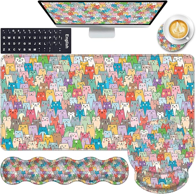 Mouse PadLarge Pink Desk Mat 4in1 XXL Mousepad + Keyboard Wrist Rest+Mouse Wrist Rest+Coaster Set with Ergonomic Desk Pad for Home Office Table Computer-Colorful Cats