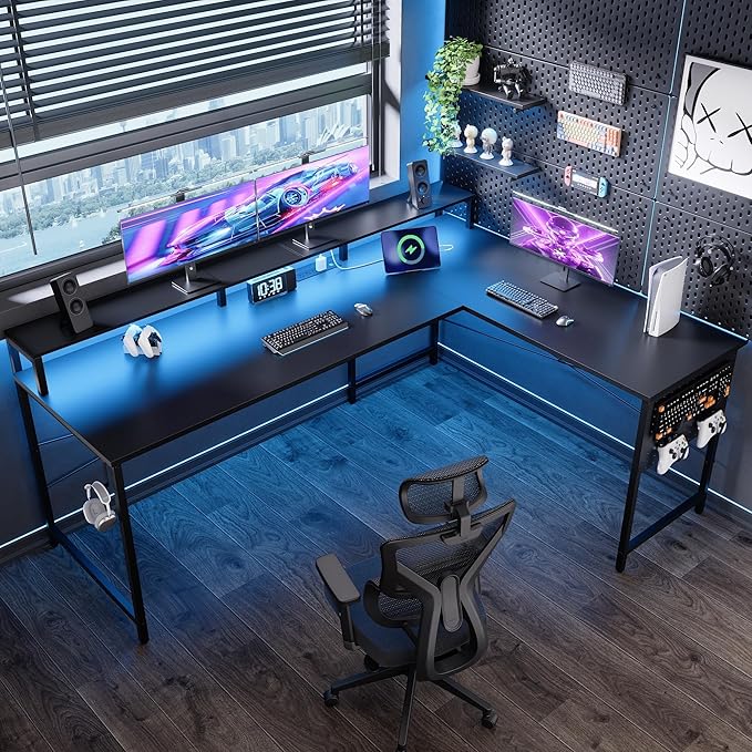 Pamray 64 Inch L Shaped Gaming Desk with Power Outlets and Led Lights Large Corner Computer Desk with Monitor Stand and Pegboard PC Table for Home Office and Bedroom Black