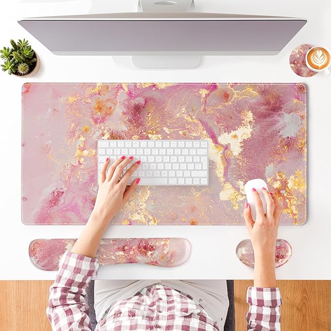 QiyI Leather Desk Mat Set 4-in-1 Large Mouse Pad with Wrist Rest Non-Slip Desk Pad + Keyboard Wrist Rest + Mouse Wrist Support + Coaster Office Desk Accessories Home Decor Supplies Pink Marble