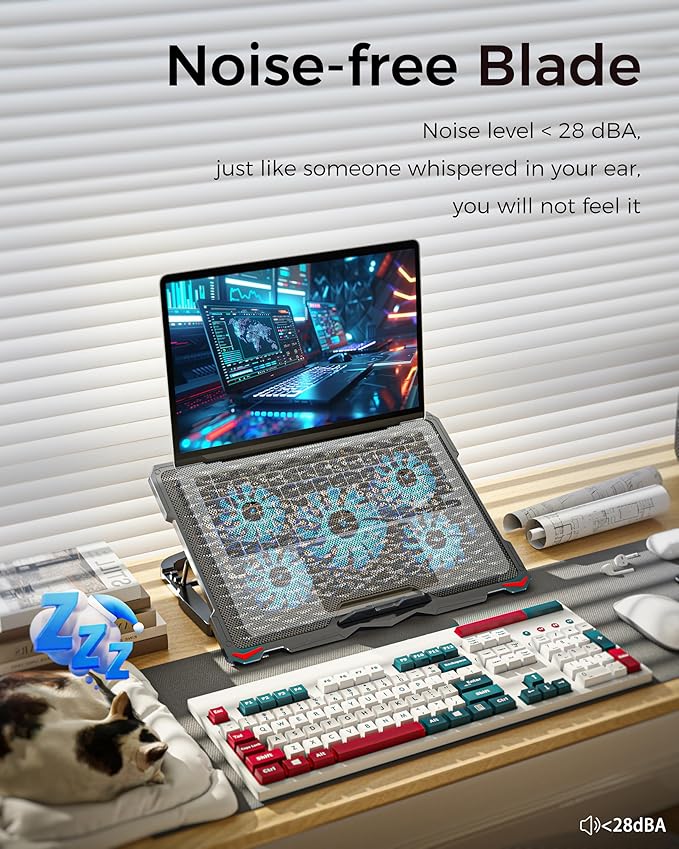 AICHESON Laptop Cooling Pad 5 Fans Up to 17.3 Inch Heavy Notebook Cooler Blue LED Lights 2 USB Ports S035 Blue-5fans