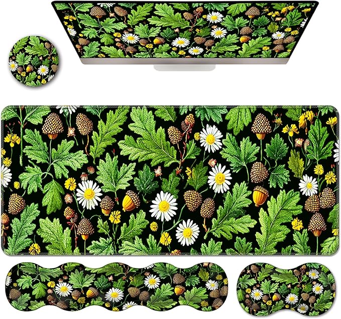 Ergonomic Keyboard Wrist Rest &amp Mouse Pad Wrist Rest SetXL Gaming Desk Mat 31.5x 11.8Non-Slip BaseMemory FoamEasy Typing Pain Relief for Office &amp HomeLeaf and Daisy Pattern