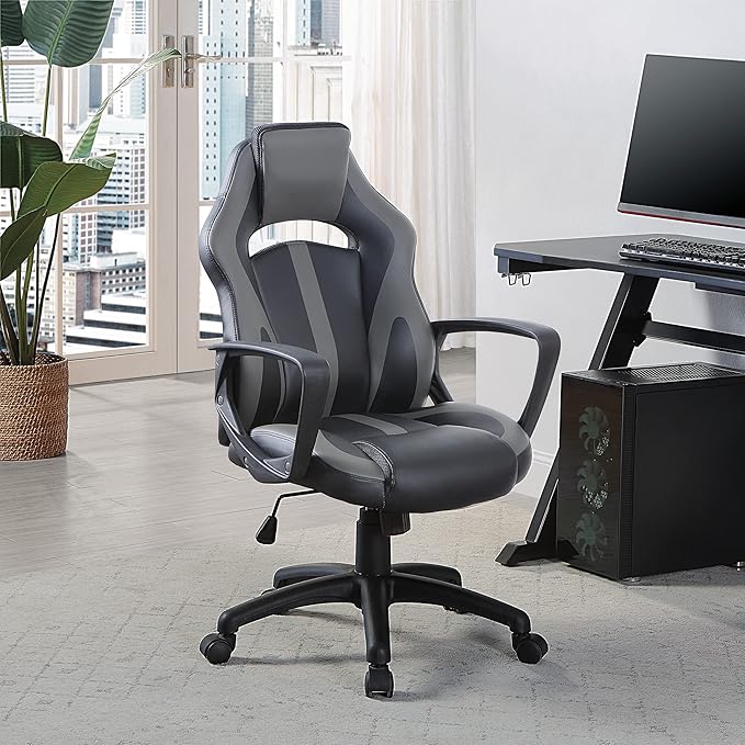 OSP Home Furnishings Influx Adjustable Faux Leather Gaming Chair with Lumbar Support and Full 360 Rotation Grey Accents