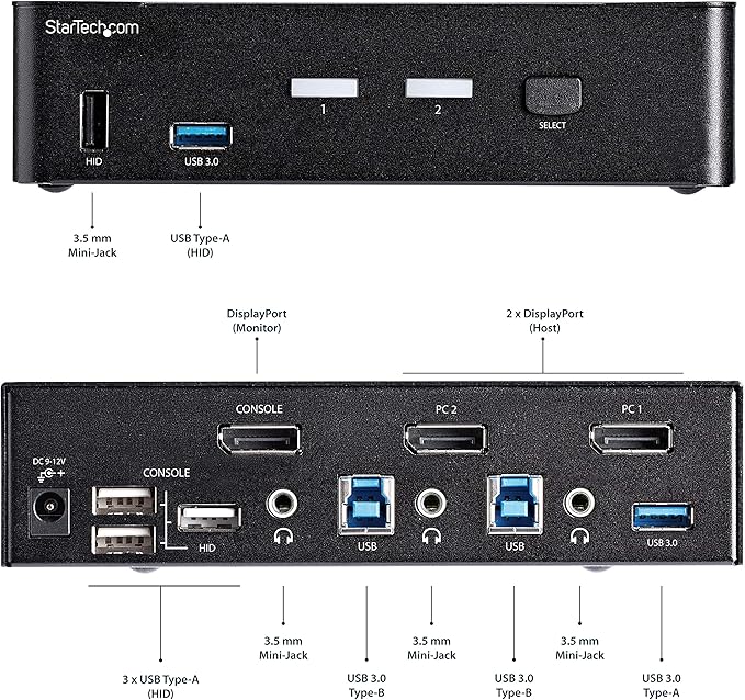 StarTech.com 2 Port DisplayPort KVM Switch - 4K 60Hz - Single Display - Dual Port UHD DP 1.2 USB KVM Switch with Integrated USB 3.0 Hub &amp Audio-Dell HP Apple Lenovo-TAA Compliant (SV231DPU34K) Bl