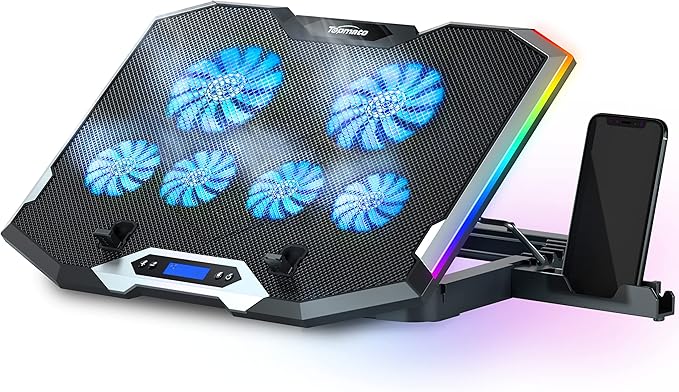 TopMate C11 Laptop Cooling Pad RGB Gaming Notebook Cooler Laptop Fan Stand Adjustable Height with 6 Quiet Fans and Phone Holder Computer Chill Mat for 15.6-17.3 Inch Laptops - Blue LED Light