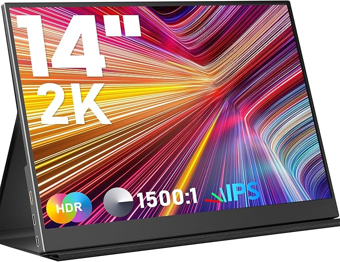 Portable Monitor 14inch 2K Laptop Monitor USB C HDMI Gaming Ultra-Slim IPS Display Smart Cover &amp Speakers 2160 * 1440P Screen for Laptop HDR External Monitor for Laptop PC Phone Mac Xbox