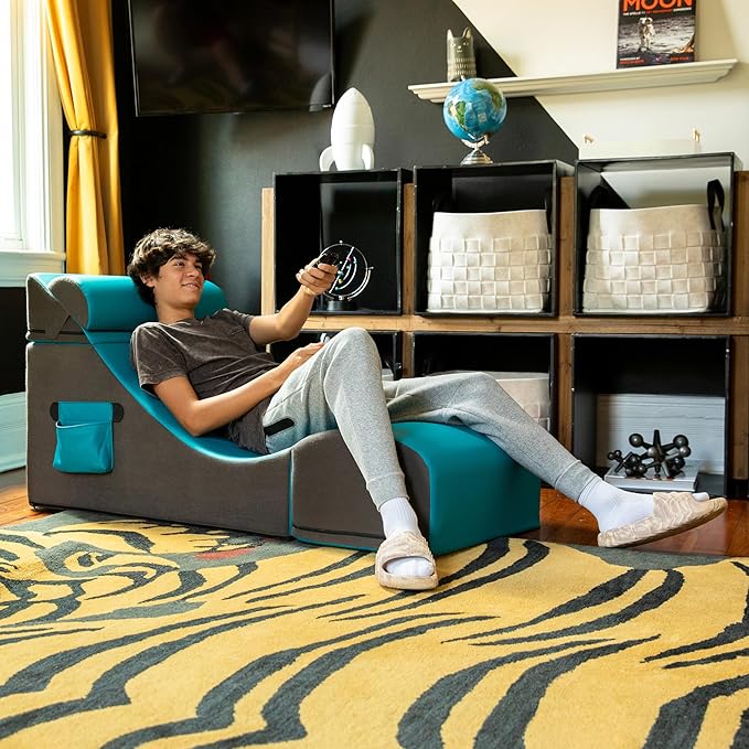 Jaxx Flexx V-Tex Convertible 3 in 1 Gamer Chair Table &amp Ottoman w/Adjustable Headrest &amp Pocket - Vinyl Turqouise