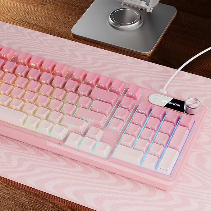 V102 Wired Keyboard 98 Keys Creamy Gaming Keyboard with Number Pad Display Screen &amp Media Knob RGB Silent Wired Cute Computer Keyboard for Laptop PC Gamer - Gradient Pink