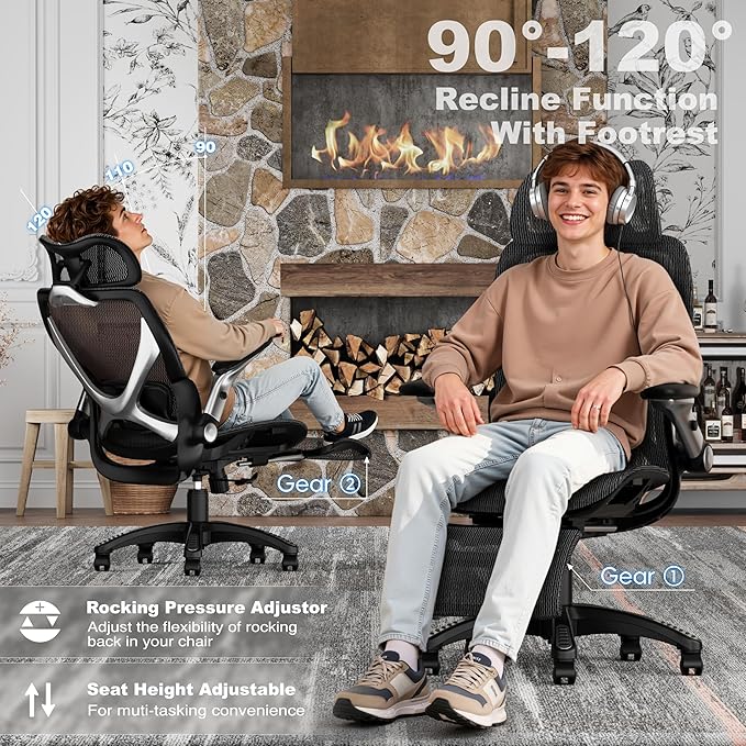 ELABEST X100 Ergonomic Mesh Office Chair with Footrest Big and Tall Hone Desk Chair with 5D Flip-Up Arms Adjustable 3D Lumbar SupportGaming &amp Executive Computer Chairs