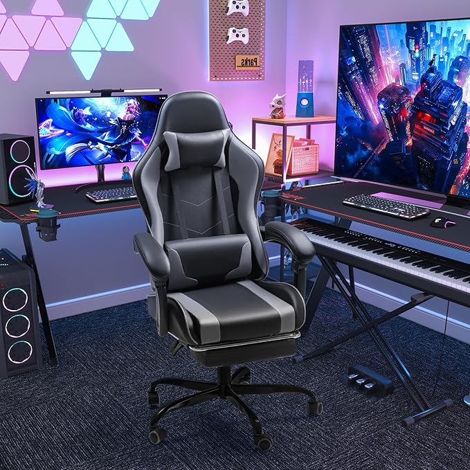 Homall Gaming Chair Video Game Chair with Footrest and Massage Lumbar Support Ergonomic Computer Chair Height Adjustable with Swivel Seat and Headrest (Grey)