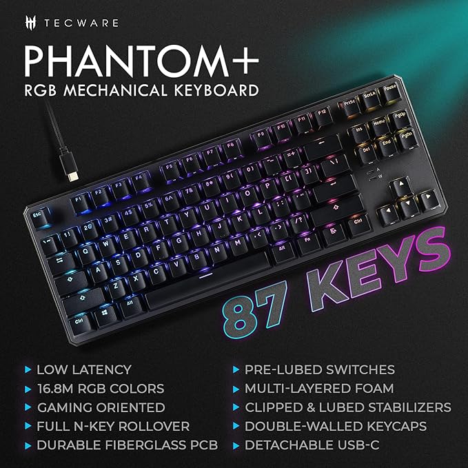 TECWARE Phantom+ 87 Mechanical Gaming Keyboard | RGB LED Backlit | Hot Swappable Wraith Brown Switches | 87 Key TKL Layout | Thocky Sound Profile | Detachable USB-C Wired | Black