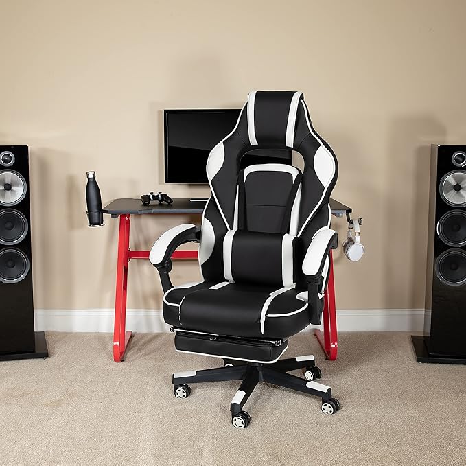 Flash Furniture X40 Gaming Chair Racing Ergonomic Computer Chair with Fully Reclining Back/Arms Slide-Out Footrest Massaging Lumbar - White