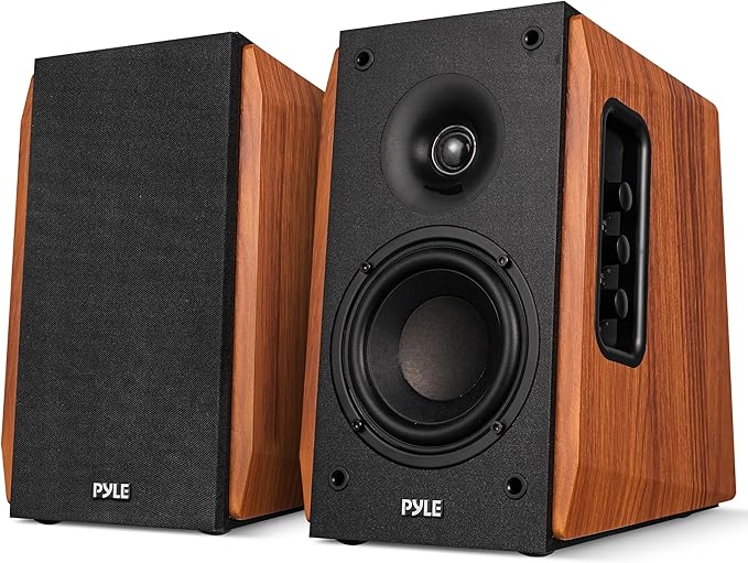 Pyle Powered Bookshelf Speaker System with Bluetooth 80W Active Stereo Speakers Bass Reflex Natural Wood Cabinet Hi Def ARC Optical Coax Subwoofer Out for Home Theater Computer Studio (Pair)