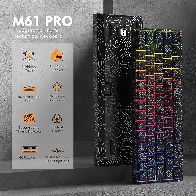 HITIME 60% Percent Keyboard Topographic Theme Keyboard XVX M61 Pro Bluetooth/2.4GHz/USB-C Wireless Mechanical Gaming Key Board Hot Swappable Creamy Pre-lubed Switch RGB