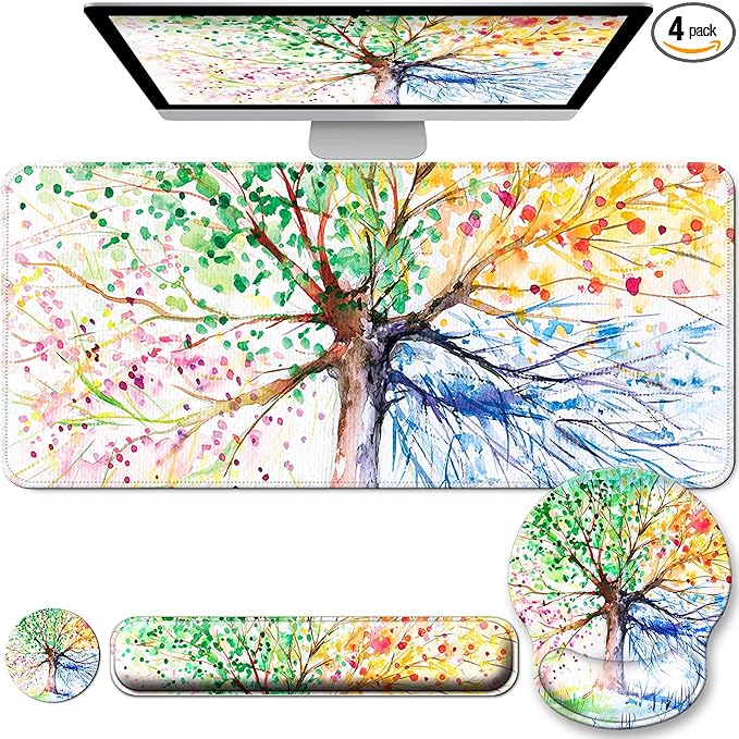 Desk Mat Set + Keyboard and Mouse Pad with Wrist Rest Support4-in-1 Large Mousepad Computer Mats for Desktop Home &amp Office-Watercolor Tree