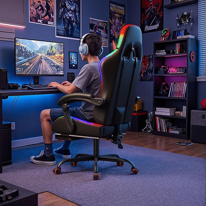 Homall Gaming Chair Video Game Chair with Footrest and Massage Lumbar Support Ergonomic Computer Chair Height Adjustable with Swivel Seat and Headrest (RGB Red)