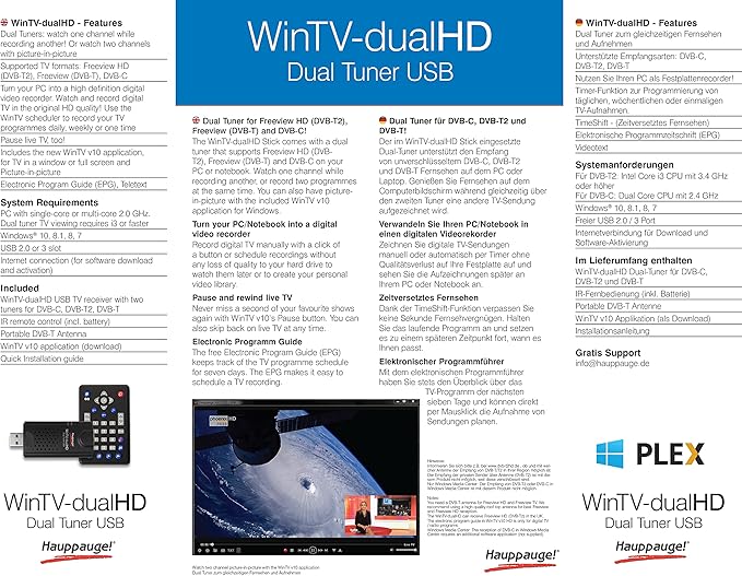 Hauppauge TV-Tuner WinTV-dualHD USB Stick DVB-C/T2/T mit FB