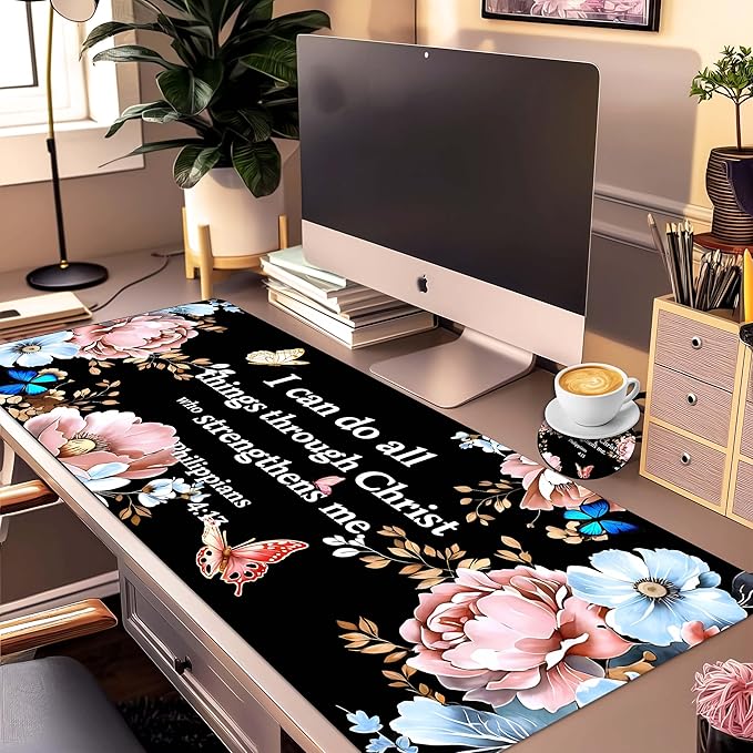Extended Large Mouse Pad Set 31.5 x 15.7 – Christian Floral All-in-One Desk Set with Keyboard Wrist Rest Mouse Wrist Rest &amp Coaster Ergonomic Desk Accessories for Women Faith-Inspired Office Gi