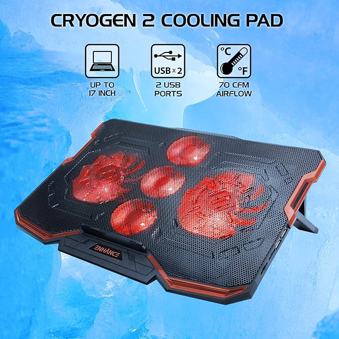 Enhance Cryogen Gaming Laptop Cooling Pad - Fits 17 in. Computer PS4 - Adjustable Laptop Cooling Stand with 5 Quiet Cooler Fans 2 USB Ports and LED Lighting - Slim Portable Design 2500 RPM (Red)