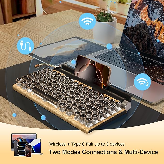 Retro Typewriter Wireless Mechanical Gaming Keyboard Bluetooth 5.0 Office Computer Vintage Keyboards 83-Key Blue Switches Punk Round Keycap LED Backlight Compatible with PC/Laptop/Pad/Phone Wood