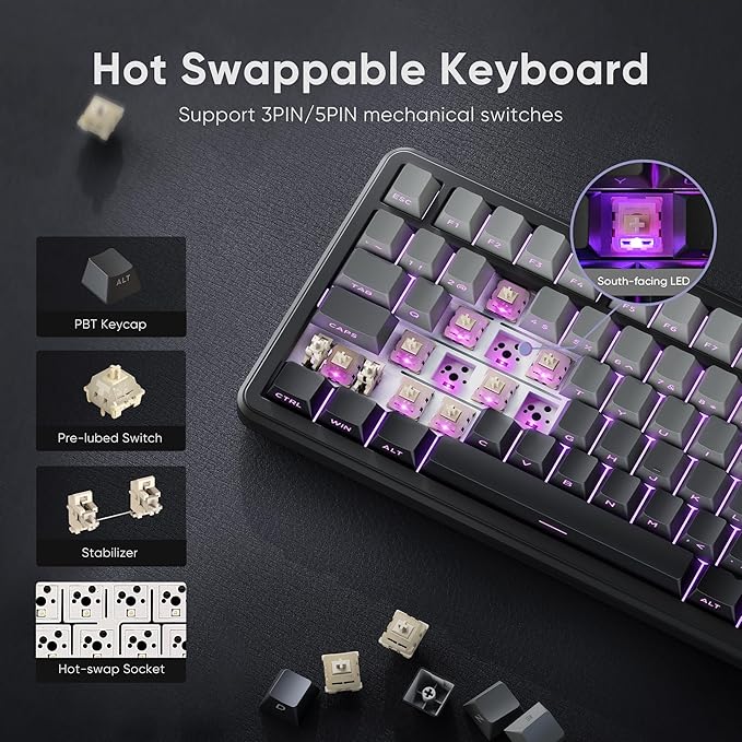 RedThunder K75 Wireless Mechanical Gaming Keyboard 75% Hot Swappable Creamy Keyboard with Knob RGB Backlit Pre-lubed Linear Switches Side Engraved PBT Keycaps Wireless/Wired/BT5.0 Gradient Gray
