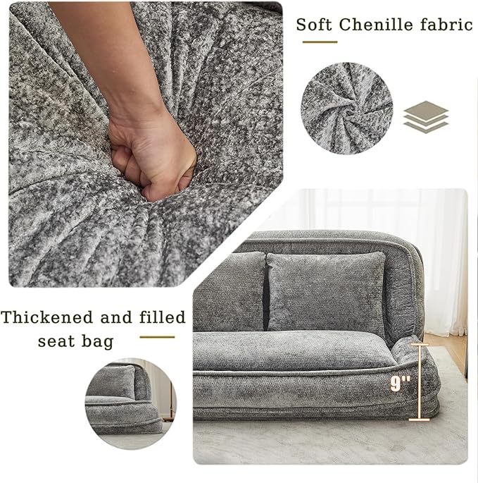 Floor Chair with Back Support Human Dog Bed Folding Loveseat with 5 Adjustable Position 2 Pillows Chenille Meditation Gaming Chair for Lazy Boys Living Room Lounge Bedroom Light Grey