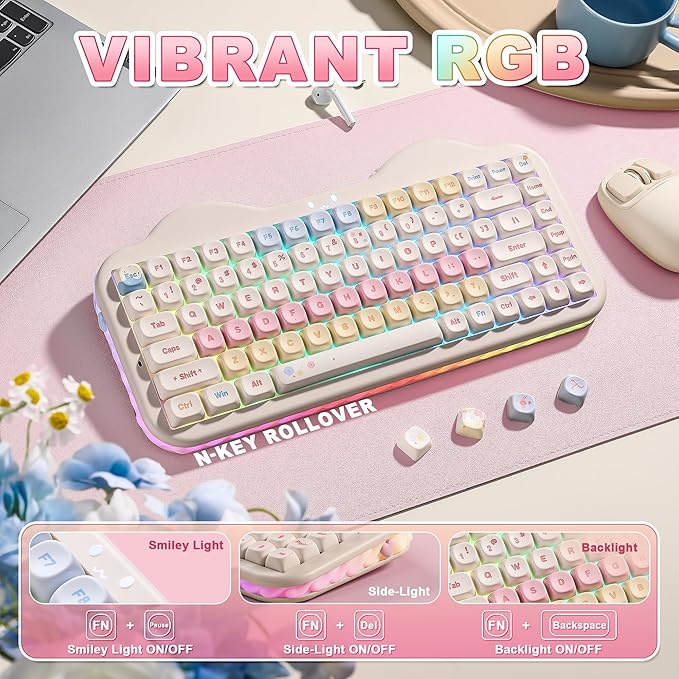 YUNZII C75 Wireless Mechanical Keyboard75% Layout Hot-Swappable NKROBT5.0/2.4G/USB-C ModeDye-Sub PBT MOA KeycapsRGB Gasket MountCute Cake Design for Mac/Win/Gaming (Beige Milk V2 Switch)