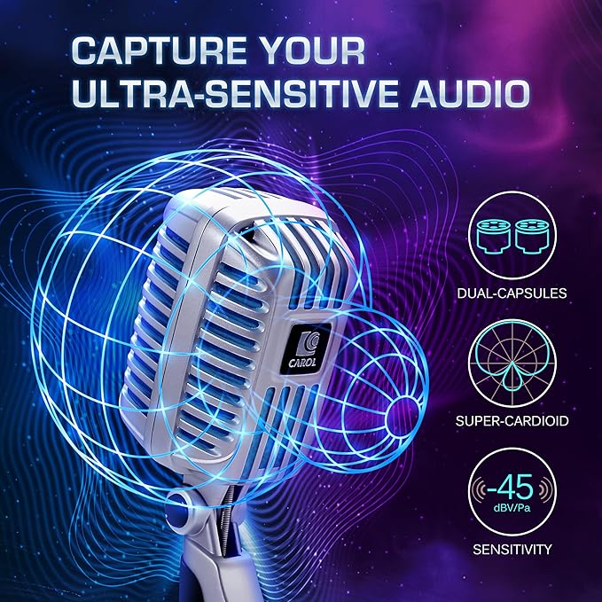 CAROL CLM-101 Professional Vintage Wired Microphone – Dynamic Supercardioid with Dual Microphone-Capsules for Singing Karaoke and Stage Includes Mic Storage Bag &amp Switch(Cable Not Included) -