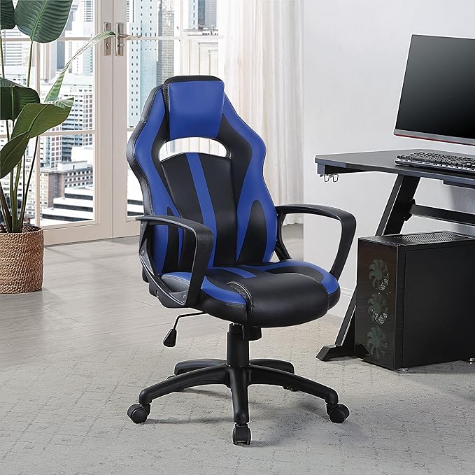 OSP Home Furnishings Influx Adjustable Faux Leather Gaming Chair with Lumbar Support and Full 360 Rotation Blue Accents