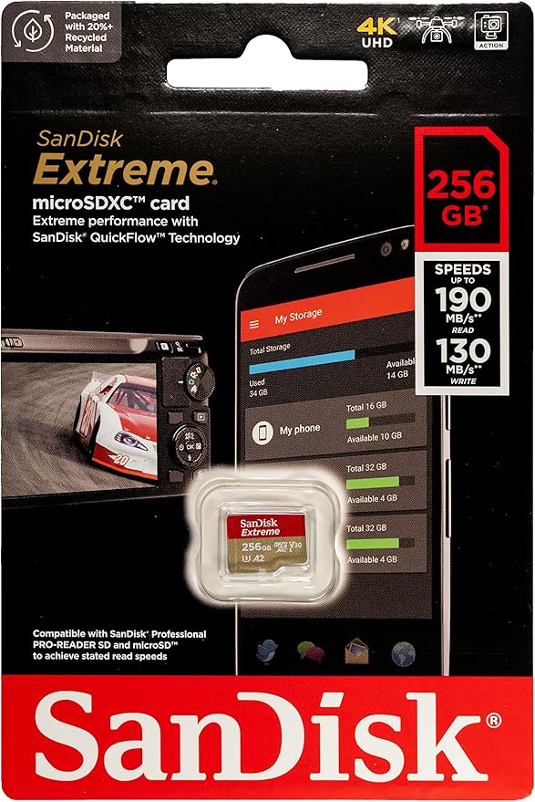 SanDisk Micro SD 256GB Extreme UHS-I Memory Card Compatible with Samsung Galaxy A24 A14 5G A54 5G A34 5G Model Phones SDSQXAV-256G-GN6MN - Bundle with 1 Everything But Stromboli MicroSDXC Reader