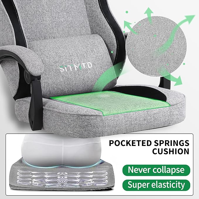 Gaming Chair Fabric with Pocket Spring CushionErgonomic Computer Office Chair Cloth with Footrest and HeadrestHigh Back Game Chair with Lumbar SupportAdjustable Backrest for AdultsGray