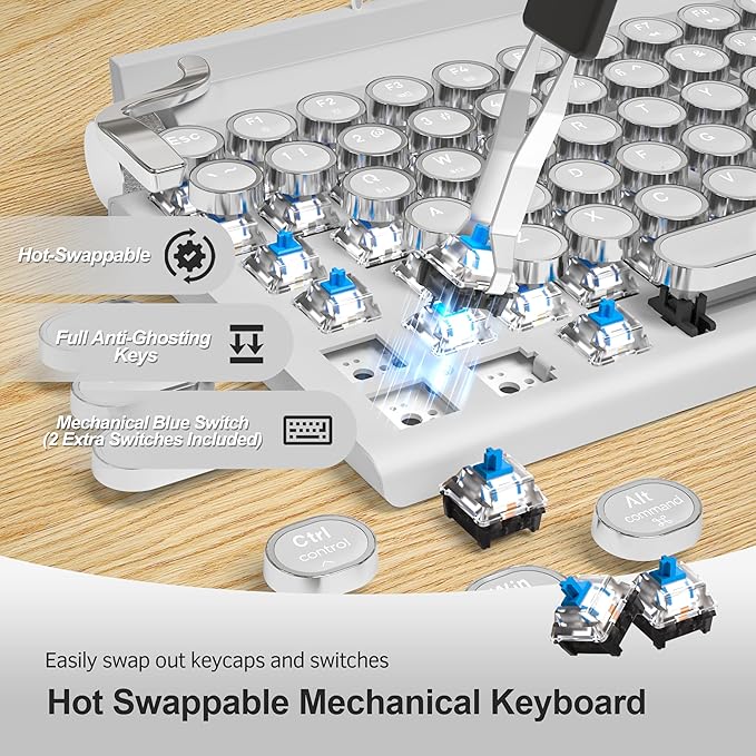 Retro Typewriter Wireless Mechanical Gaming Keyboard Bluetooth 5.0 Office Computer Vintage Keyboards 83-Key Blue Switches Punk Round Keycap LED Backlight Compatible with PC/Laptop/Pad/Phone White