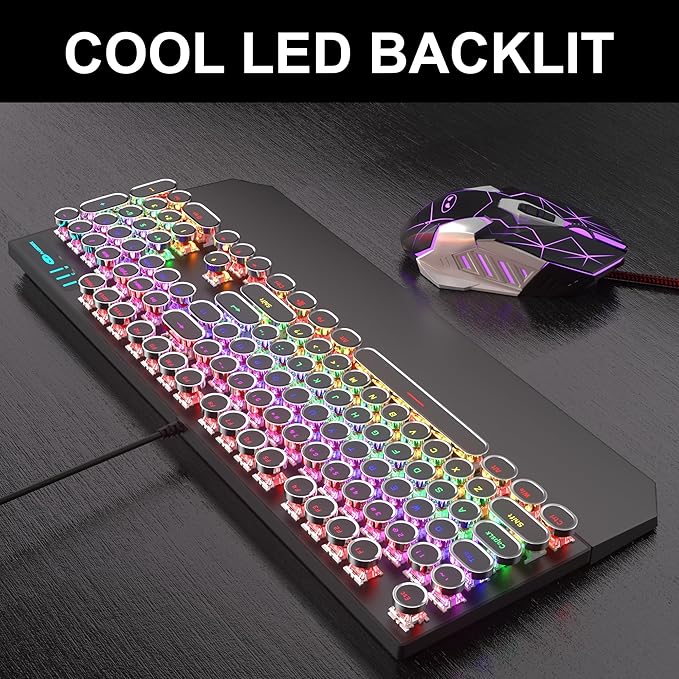 Retro Typewriter Keyboard and Mouse Combo Cute Black Keyboard with Linear Red Switches Full Size Wired Mechanical Gaming Keyboard Cool Light Up Keyboard and Mouse for GamingWorkMacPCWindows