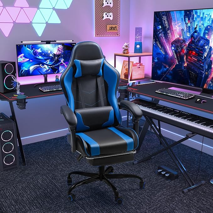 Homall Gaming Chair Video Game Chair with Footrest and Massage Lumbar Support Ergonomic Computer Chair Height Adjustable with Swivel Seat and Headrest (Blue)
